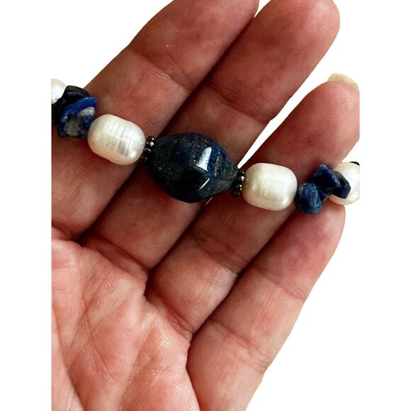 Pearl, Lapis Lazuli and Sterling Silver Tennis Bracelet - Picture 7 of 7